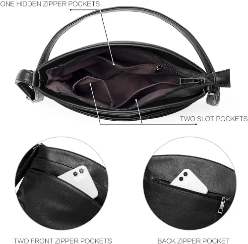Vista 7 de CLUCI Bolsos cruzados para mujer bolso pequeño de cuero de viaje señoras de diseñador tres bolsillos bolsos vintage bolsos de hombro cartera negra