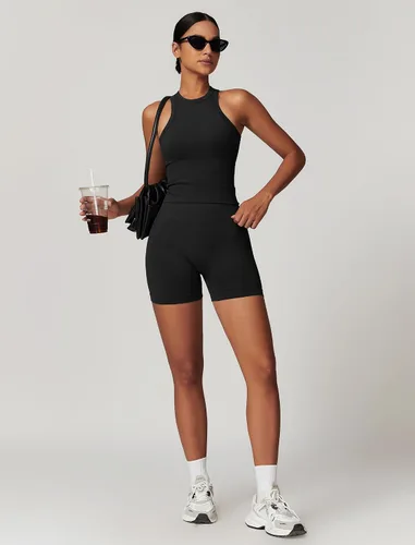 Vista 28 de Conjuntos de entrenamiento para mujer, 2 piezas, sin costuras, acanalada, sin mangas, brasier deportivo, cintura alta, pantalones cortos