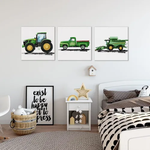 Vista 4 de Juego de 3 cuadros enmarcados para decoración de pared de tractores y viejos camiones de granja, cuadros en lienzo, cuadros para el hogar, niños