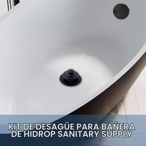 Vista 5 de HIDROP - Borde de drenaje de bañera de elevación y giro negro mate, placa frontal de desbordamiento de 2 agujeros