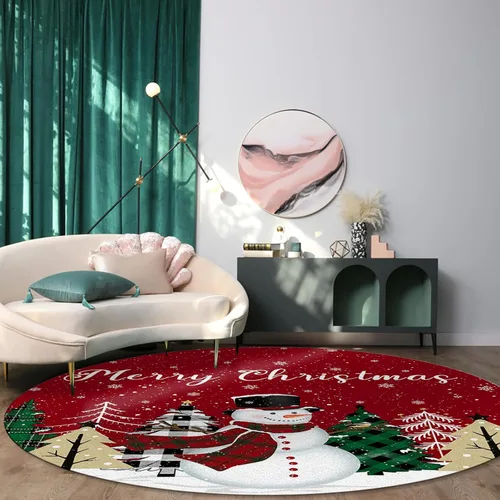 Vista 4 de Alfombra redonda de 3 pies de diámetro, diseño de muñeco de nieve, búfalo, árbol de Navidad, feliz año nuevo, rojo, tapete decorativo de Navidad