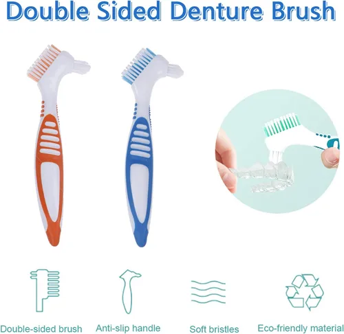 Vista 4 de Cepillo de dentadura postiza, 2 piezas de cepillo de dientes falsos con estuche de transporte blanco, cerdas multicapa naranja y azul con mango