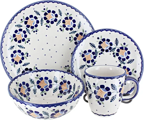 Vista 4 de Cerámica polaca Blue Rose – Juego de 4 piezas Blue Harmony – Servicio para 1-1 lugar – Ideal para cenas diarias, comidas informales o como vajilla
