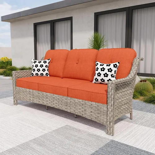 Vista 37 de HOOOWOOO Sofá de patio de 3 plazas de mimbre para exteriores, resistente a todo tipo de clima, con respaldo alto, muebles a juego (beige y bronceado)