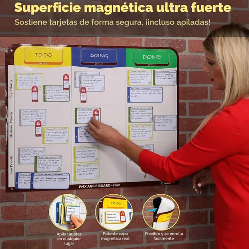 Vista 2 de Kit de tablero magnético Kanban de 3 columnas – Tablero + 47 tarjetas magnéticas Flex Dry Erase Scrum & Project Planning Whiteboard