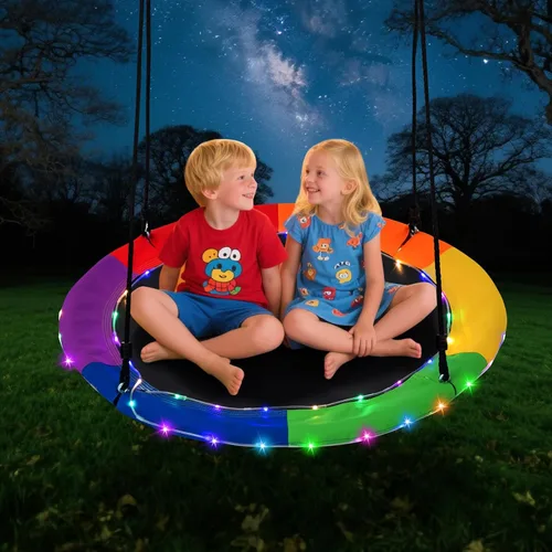 Vista 11 de Costzon Columpio de árbol de 40 pulgadas con luces LED para niños y adultos, columpio de platillo volador para interiores y exteriores con cuerdas