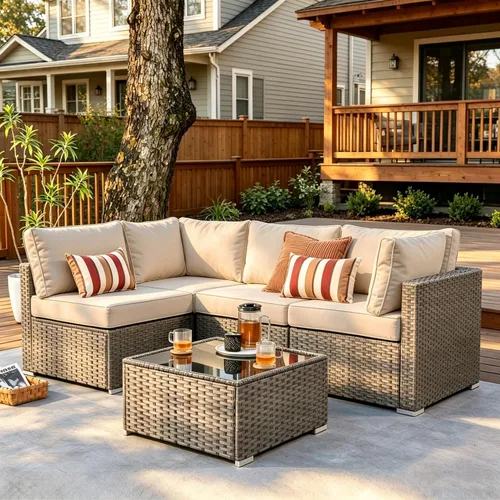 Vista 73 de HOOOWOOO Patio Sectional Furniture Set,2 Piece Couch Set with 2 Matching Armless Chairs(Beige)