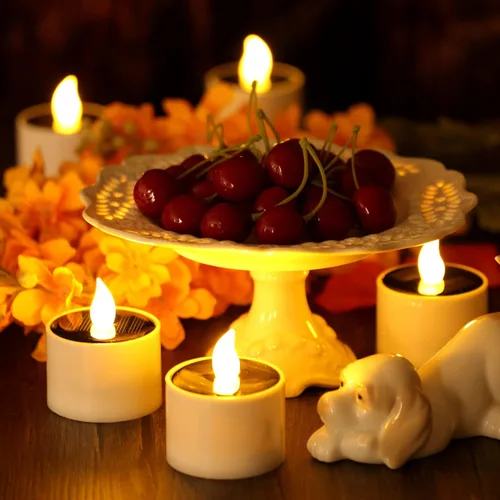 Vista 3 de 8 velas solares impermeables con sensor de atardecer a amanecer, velas LED parpadeantes recargables para exteriores, velas de té reutilizables sin