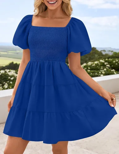Vista 2 de ZESICA Mini vestido corto de verano bohemio 2025 con cuello cuadrado, manga abombada, hombros descubiertos, fruncido, escalonado, casual