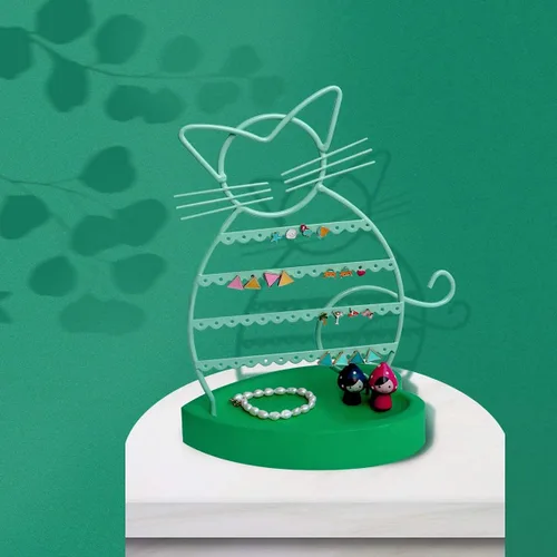 Vista 6 de ERYTLLY Organizador de aretes, organizador de aretes en forma de gato, con base de madera, organizador de collares, 47 agujeros para aretes, soporte