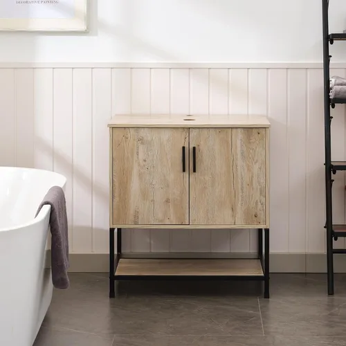 Vista 27 de UEV Juego de tocador de baño antiguo de 24 pulgadas, color marrón oscuro con lavabo, armario de baño de madera de hierro con grifo de temperatura