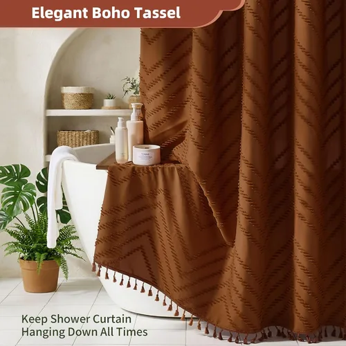 Vista 40 de Cortina de ducha Siiluminisoy de 36x72 beige, cortina de ducha de tela de tamaño pequeño, cortinas de ducha de tela con tufting, diseño chevron a