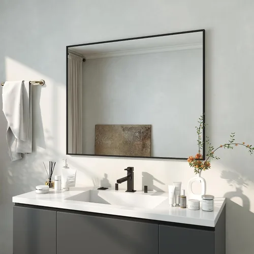 Vista 11 de [Usado] Espejo de baño con marco negro mate, espejo rectangular de tocador de 55 x 30 pulgadas, espejo de pared rectangular grande, antioxidante