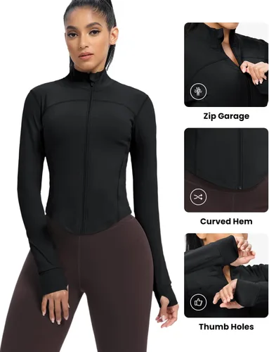Vista 4 de AVGO Chaquetas de entrenamiento recortadas para mujer, con cremallera, ajustadas, atléticas, con agujeros para el pulgar