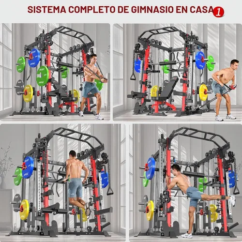 Vista 6 de XGSW Smith Machine Gimnasio en casa, jaula de potencia multifunción con sistema cruzado de cable de polea doble, estante para sentadillas