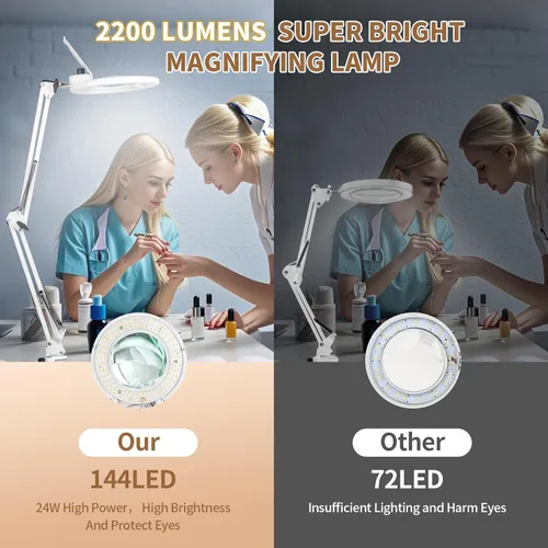 Vista 8 de HITTI 10X - Lupa esteticista de luz, color blanco 2200 lúmenes, regulable continuo, base rodante de 5 ruedas, lámpara Mag iluminada con LED
