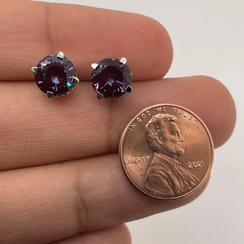 Vista 3 de June Birthstone - Lab Created Round Alexandrite Scroll Stud Earrings in 14K White Gold Available in 4MM-8MM