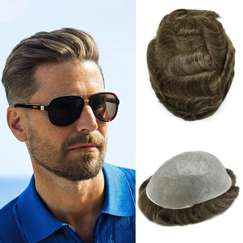 Vista 57 de Pieza de pelo para hombre, sistema de reemplazo de cabello de piel ultra fina para hombres, pieza de pelo de tupé para hombres, cabello humano real