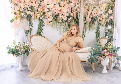 Vista 3 de Vivymaku Vestido de maternidad de gasa con cuello en V para sesión de fotos, maternidad, embarazo, baby shower, vestido hinchado transparente