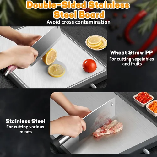 Vista 2 de Tabla de cortar de acero inoxidable, tablas de cortar de doble cara, tablas de cortar grandes para cocina, grado alimenticio, acero inoxidable