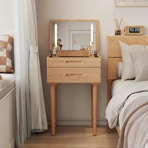 Vista 10 de Muwuele Escritorio pequeño de madera maciza con espejo y luces, tocador de maquillaje estrecho para espacios pequeños, mesa auxiliar de tocador