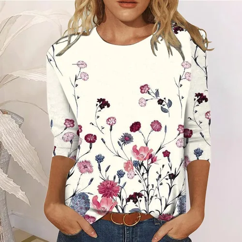 Vista 116 de Camisetas personalizadas para mujer, a la moda, casual, de séptima manga, estampada, cuello redondo, camiseta