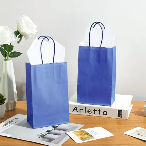 Vista 6 de DjinnGlory Paquete de 100 bolsas de regalo pequeñas de papel azul marino náutico con asas, juego a granel para graduaciones, pequeñas empresas