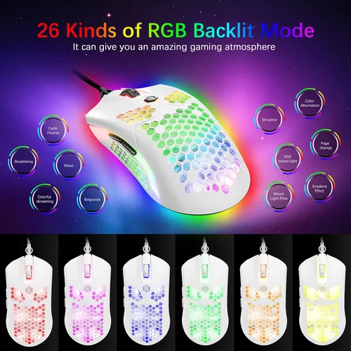Vista 2 de Ratón ligero para juegos con cable, 12000 DPI ratones retroiluminados con 7 botones programables, ultraligero con carcasa de panal de abeja