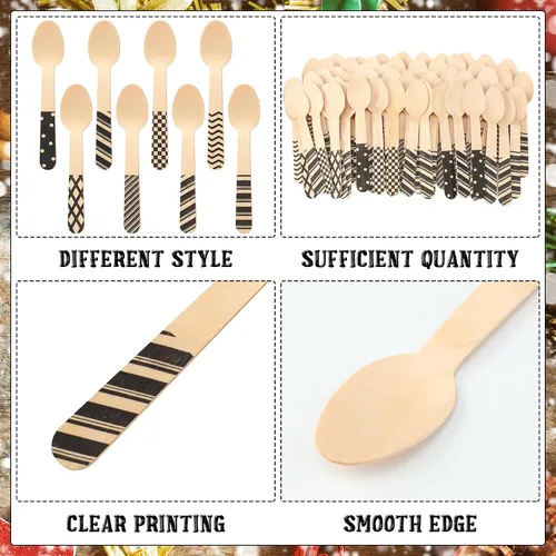 Vista 3 de Uiifan 120 cucharas de madera desechables de Navidad de 5.5 pulgadas, cucharas a rayas con rayas negras, patrones de bastón de caramelo