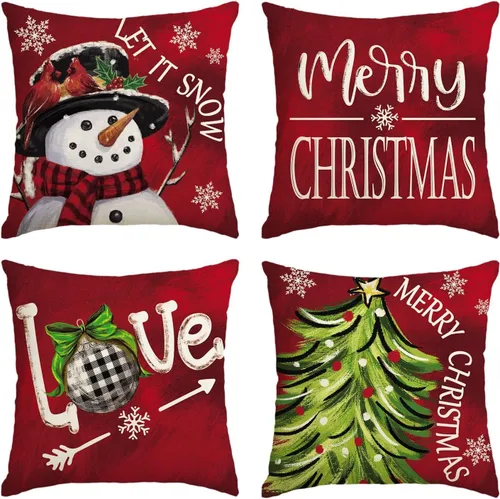 Vista 13 de AVOIN colorlife - Juego de 4 fundas de cojín con diseño de muñeco de nieve, árbol de Navidad y texto "Merry Christmas, Let It Snow, Love" en negro