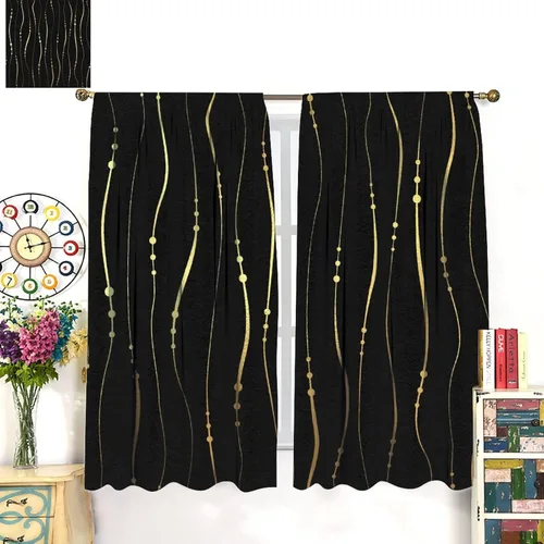 Vista 21 de Cortinas Negras con Dobladillo Dorado, Cortinas Opacas con Bolsillo para Barra con Estampado de Rayas de Foil en Onda Dorada para Decoración de Negro