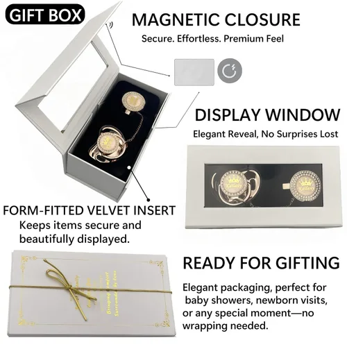 Vista 6 de Juego de Chupete y Clip Personalizado con Cualquier Nombre, Bling Oro Plata, 18 Colores, Libre de BPA, Diseño Único Lujoso, Chupete Ideal para Bebé