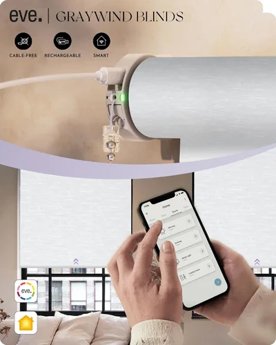 Vista 3 de Graywind HomeKit - Persianas opacas inteligentes con control de voz Siri con aplicación para el hogar, persianas motorizadas recargables con cenefa