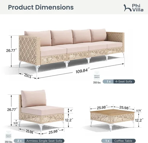Vista 2 de PHI VILLA Juego de muebles de mimbre para patio, juegos de sofás modulares de ratán para patio, juego de sofá modular resistente al agua
