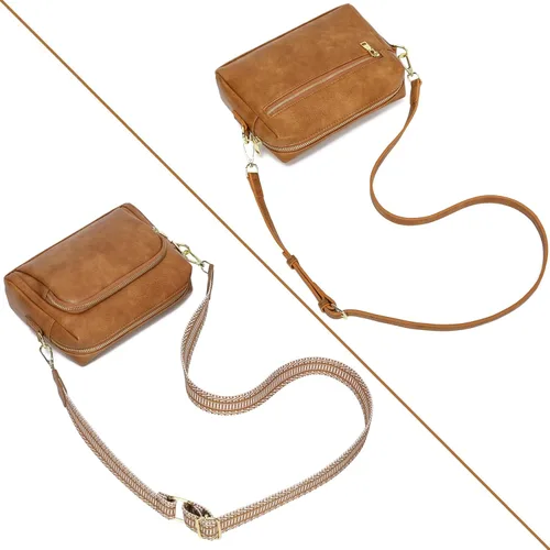 Vista 6 de Bolsos cruzados pequeños para mujer, bolsos cruzados de viaje de cuero vegano, bolsos de hombro con correa de guitarra y correa de cuero