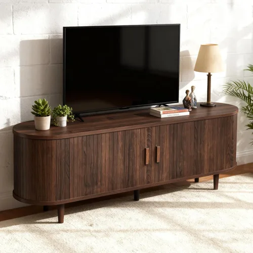 Vista 19 de Soporte de TV moderno de mediados de siglo de 58 pulgadas, consolas de TV de madera con puertas correderas y toma de corriente, centro