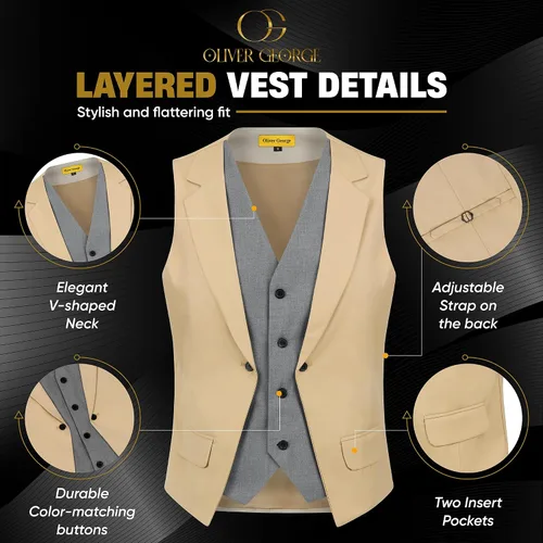 Vista 35 de Oliver George Chaleco formal de esmoquin en capas para hombre, chaleco de traje de negocios