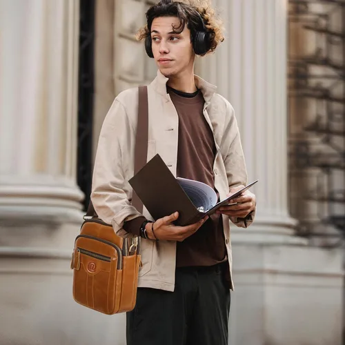 Vista 3 de Bolso de mensajero para hombre, bolso de cuero de grano completo para hombre, bolsos de hombro, bolsa cruzada para trabajo y negocios