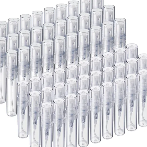 Vista 10 de Fandamei Mini botella de spray, 60 botellas de plástico transparente de 2ml (0.068 fl oz) vacías, mini botella de perfume recargable de niebla fina.