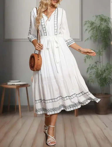 Vista 4 de LauraKlein Vestido bohemio bordado floral estilo étnico europeo manga 34 cuello en V vestidos midi para mujer vestido bohemio de primavera