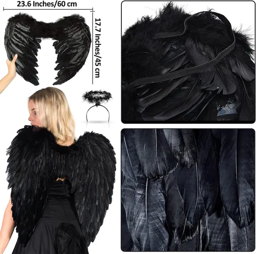 Vista 3 de Alas de ángel y diadema de halo para niños y niñas alas de plumas blancas y negras para niños y adultos