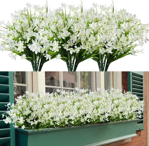 Vista 11 de 4 paquetes de flores artificiales de narcisos, vegetación artificial falsa resistente a los rayos UV, no se decolora, plantas de plástico sintético