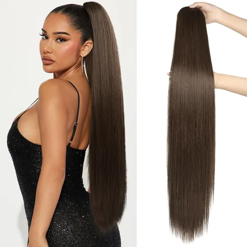 Vista 11 de SEIKEA Extensiones de cola de caballo con cordón, larga y recta, cola de caballo falsa, natural, suave, extensiones de cabello sintético resistente