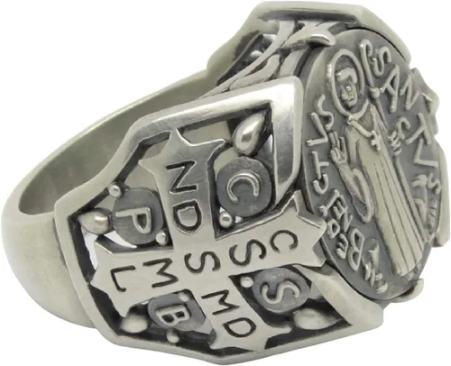 Vista 7 de St Benedict christian catholic ancient Sterling Silver 925 medal mens ring, Exorcism