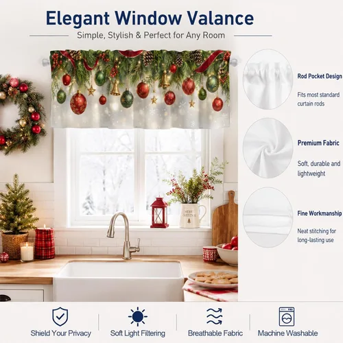 Vista 7 de Christmas Valances for Windows Kitchen Curtains Christmas Balls Bell Window Valance, Gold Star Snowflake Pine Needle Short Topper Window Curtain