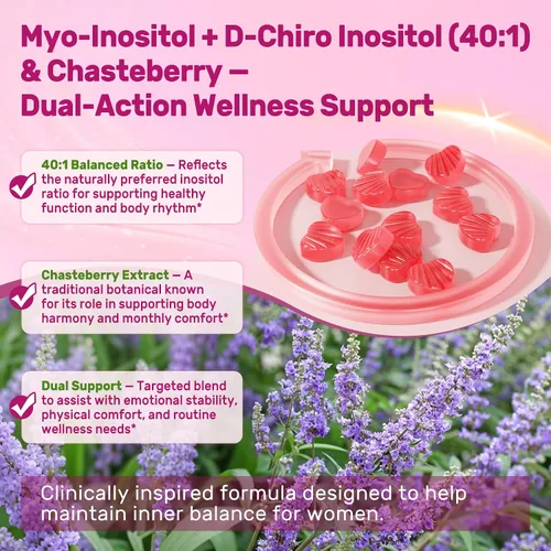 Vista 4 de Gomitas de inositol para mujer + Chasteberry, Myo-Inositol y D-Chiro Inositol 2000mg + 50mg Proporción ideal 40:1 con B12 metilado y folato, colina
