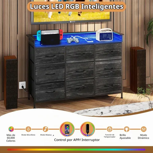 Vista 10 de EXOTICA Cómoda negra con estación de carga, 9 cajones con luz LED y puertos USB, cómoda de tela para dormitorio, pasillo, entrada, armarios, marco