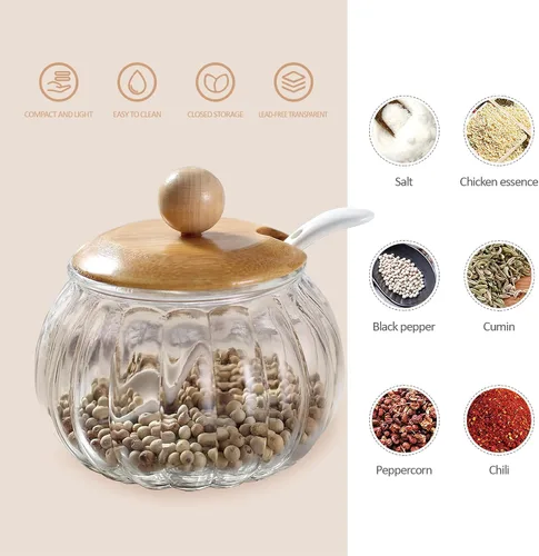 Vista 3 de Bodega de sal, recipiente de vidrio de 8 onzas / 8.5 fl oz con tapa de bambú, lindo tarro de condimento de calabaza, recipiente de almacenamiento