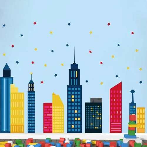 Vista 3 de Runtoo Calcomanías de pared coloridas con diseño de horizonte de ciudad, diseño de estrellas, para dormitorio, cuarto de bebé, sala de estar