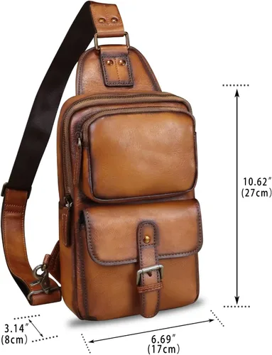 Vista 4 de LRTO Bolso bandolera de cuero genuino para motocicleta, hecho a mano, para senderismo, mochila de hombro retro, Marrón, Mochilas Sling